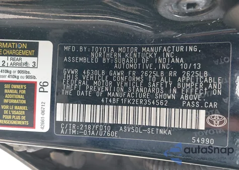 2014 Toyota Camry Le из США, поврежденный, VIN 4T4BF1FK2ER354562